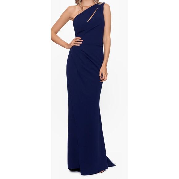 Betsy & Adams One Shoulder Split Neck Sleeveless Ruched Gown Dress blue size 12 - Picture 1 of 8
